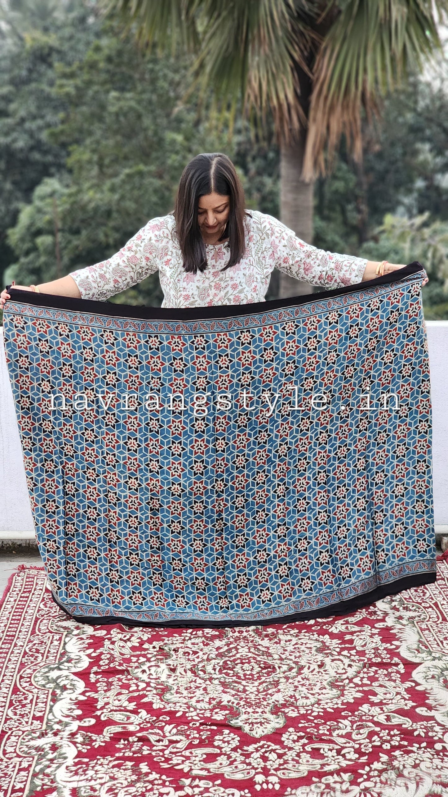 "Indigo Prism" – Geometric Ajrakh Handblock Modal Silk Saree
