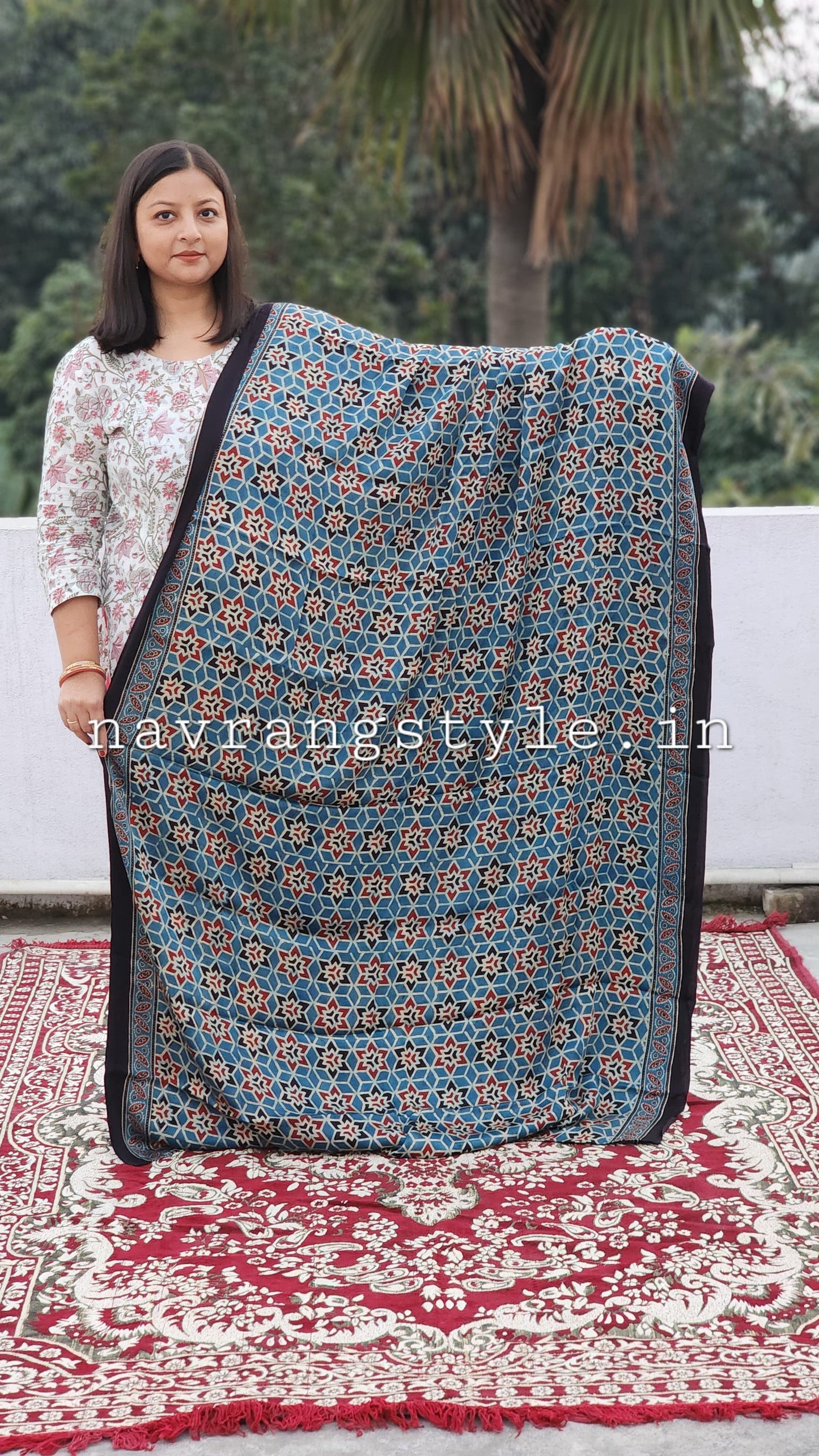 "Indigo Prism" – Geometric Ajrakh Handblock Modal Silk Saree