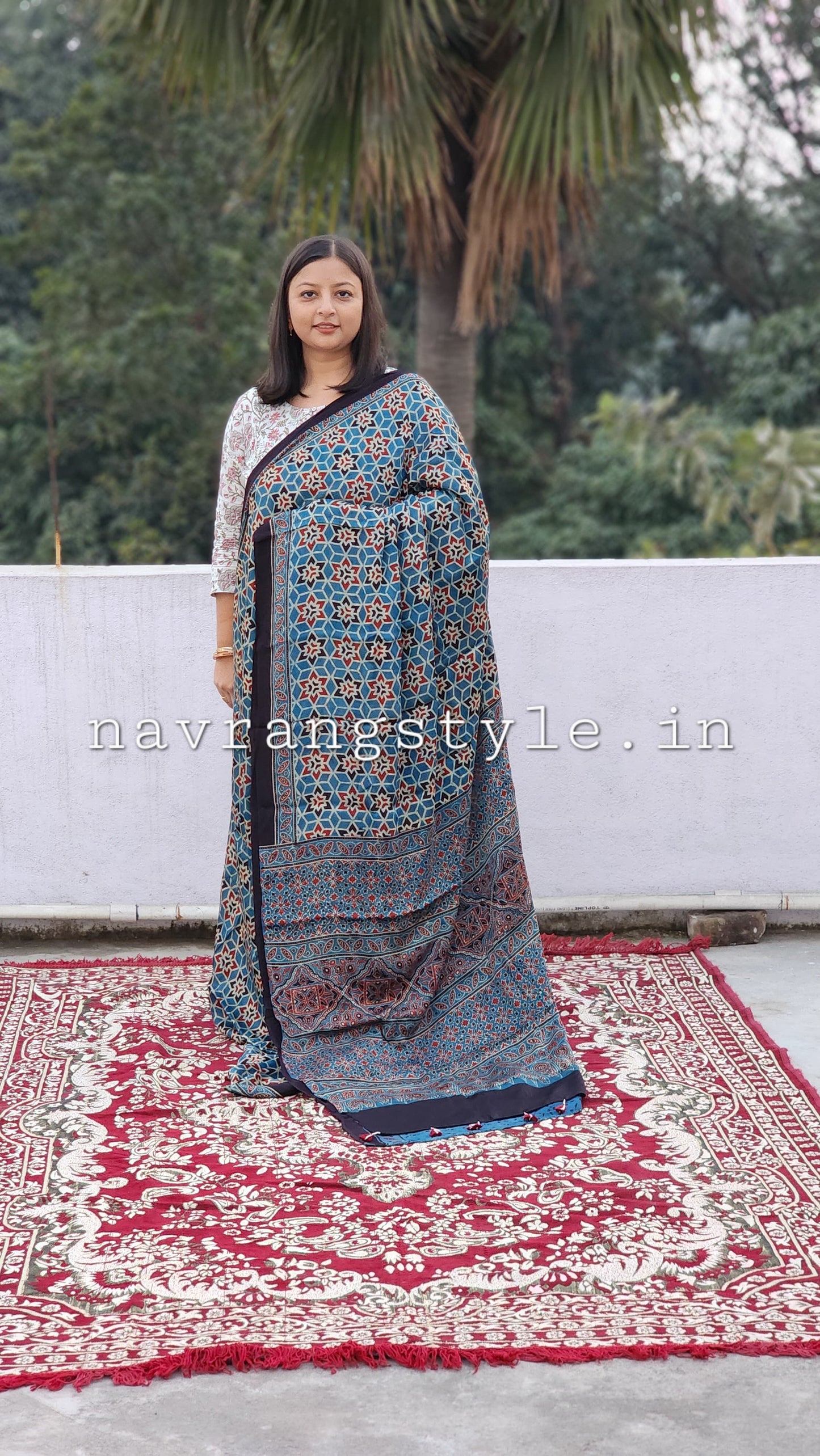 "Indigo Prism" – Geometric Ajrakh Handblock Modal Silk Saree