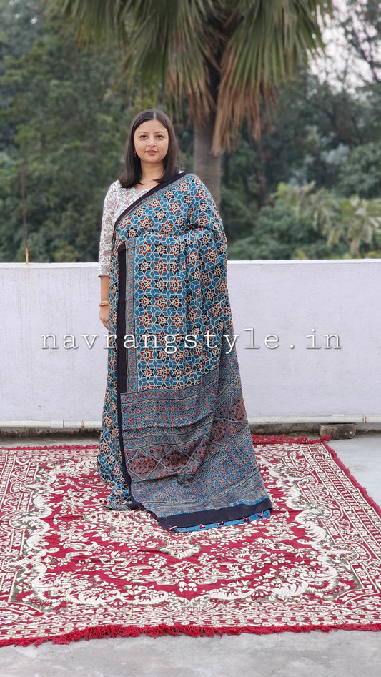 "Indigo Prism" – Geometric Ajrakh Handblock Modal Silk Saree