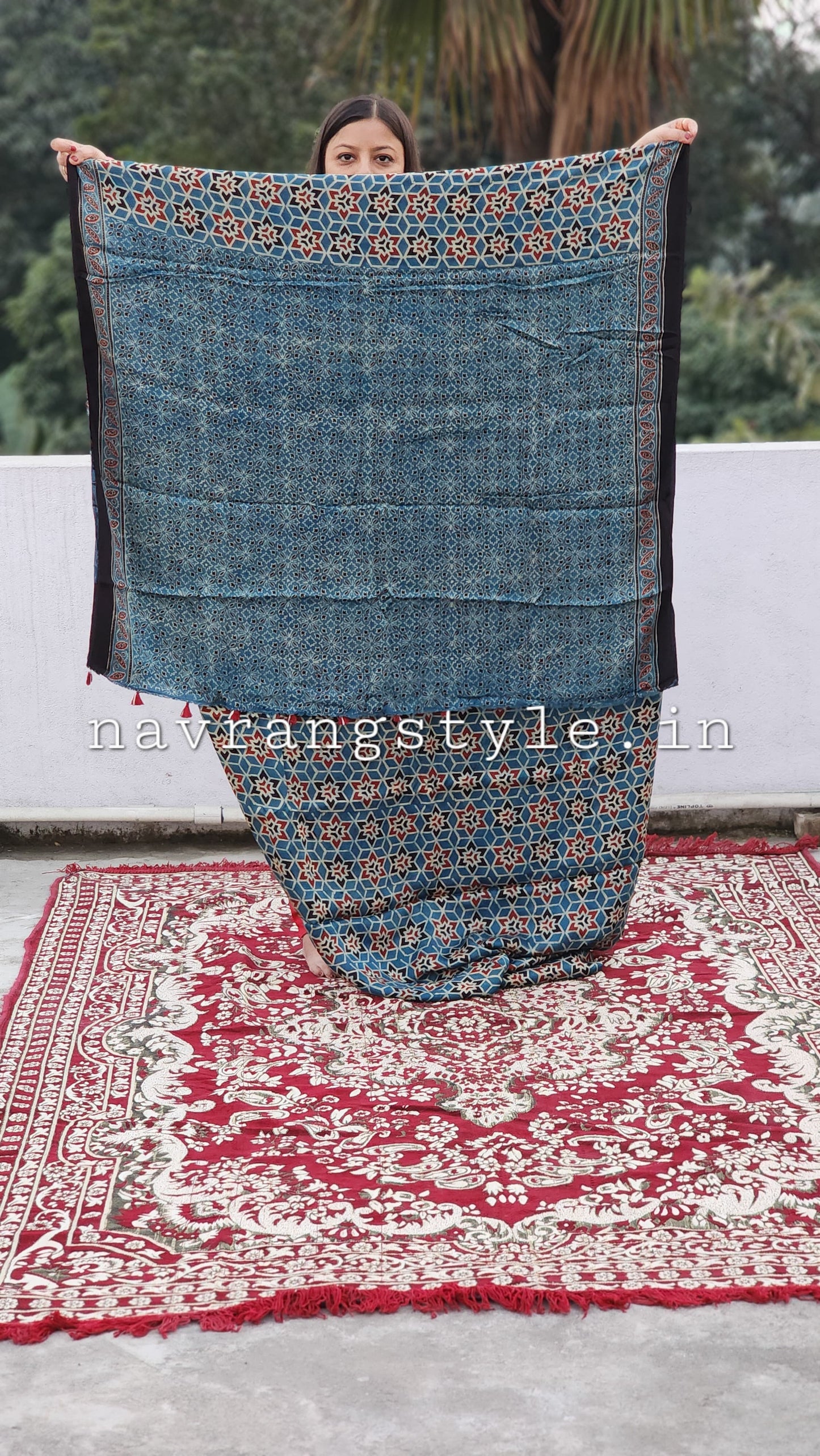 "Indigo Prism" – Geometric Ajrakh Handblock Modal Silk Saree