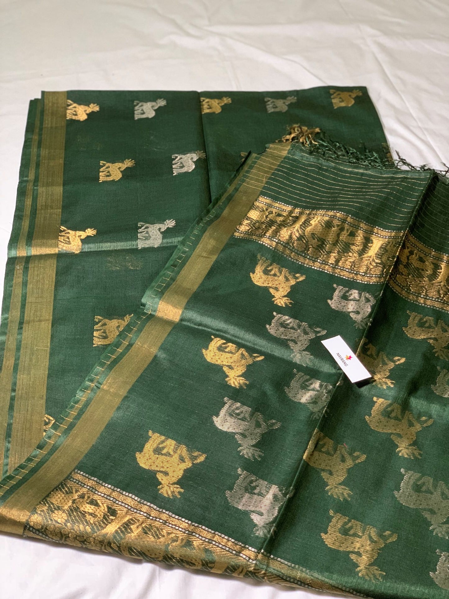 Woven Deer Motifs Green Tussar Saree