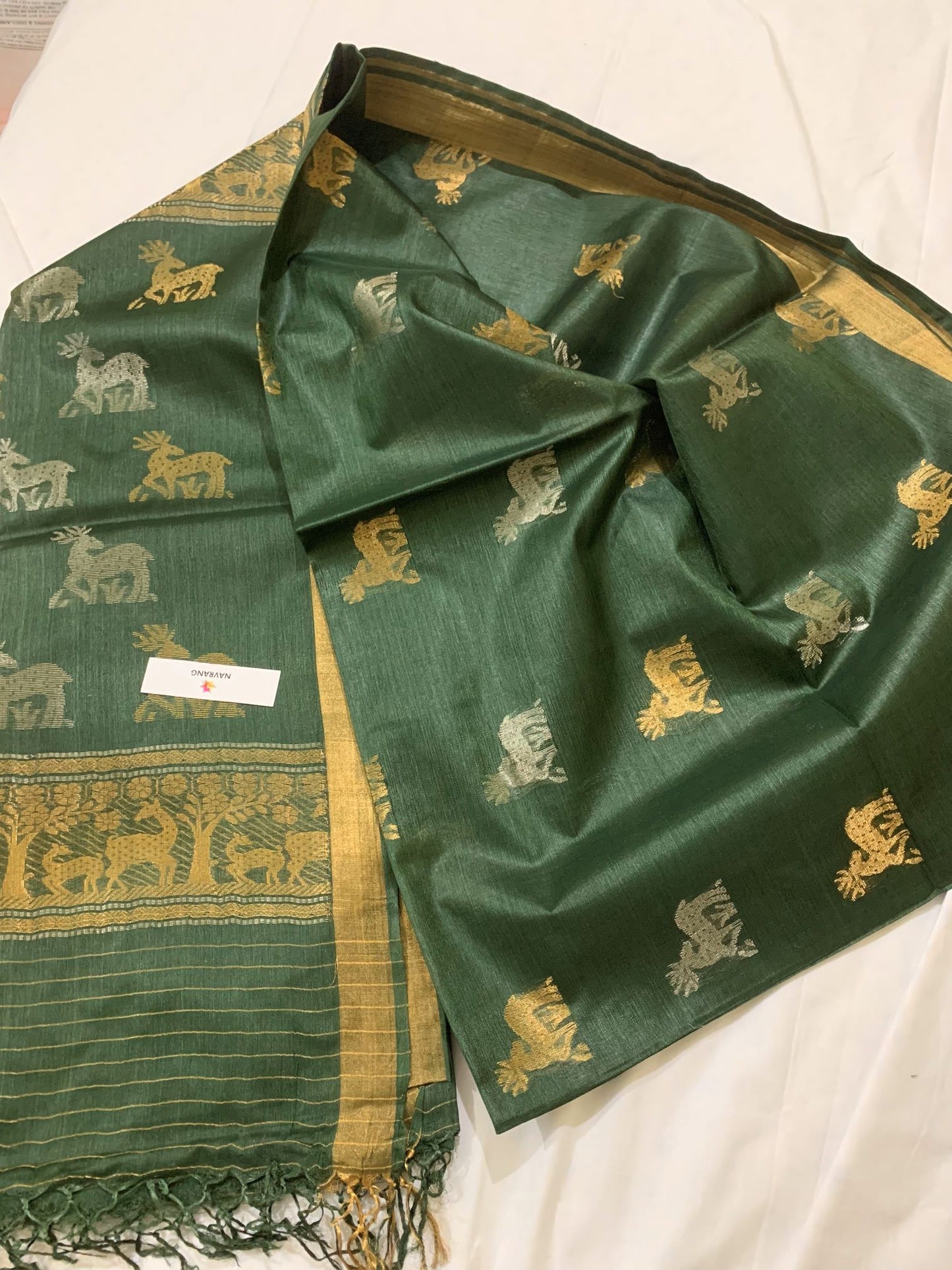 Woven Deer Motifs Green Tussar Saree