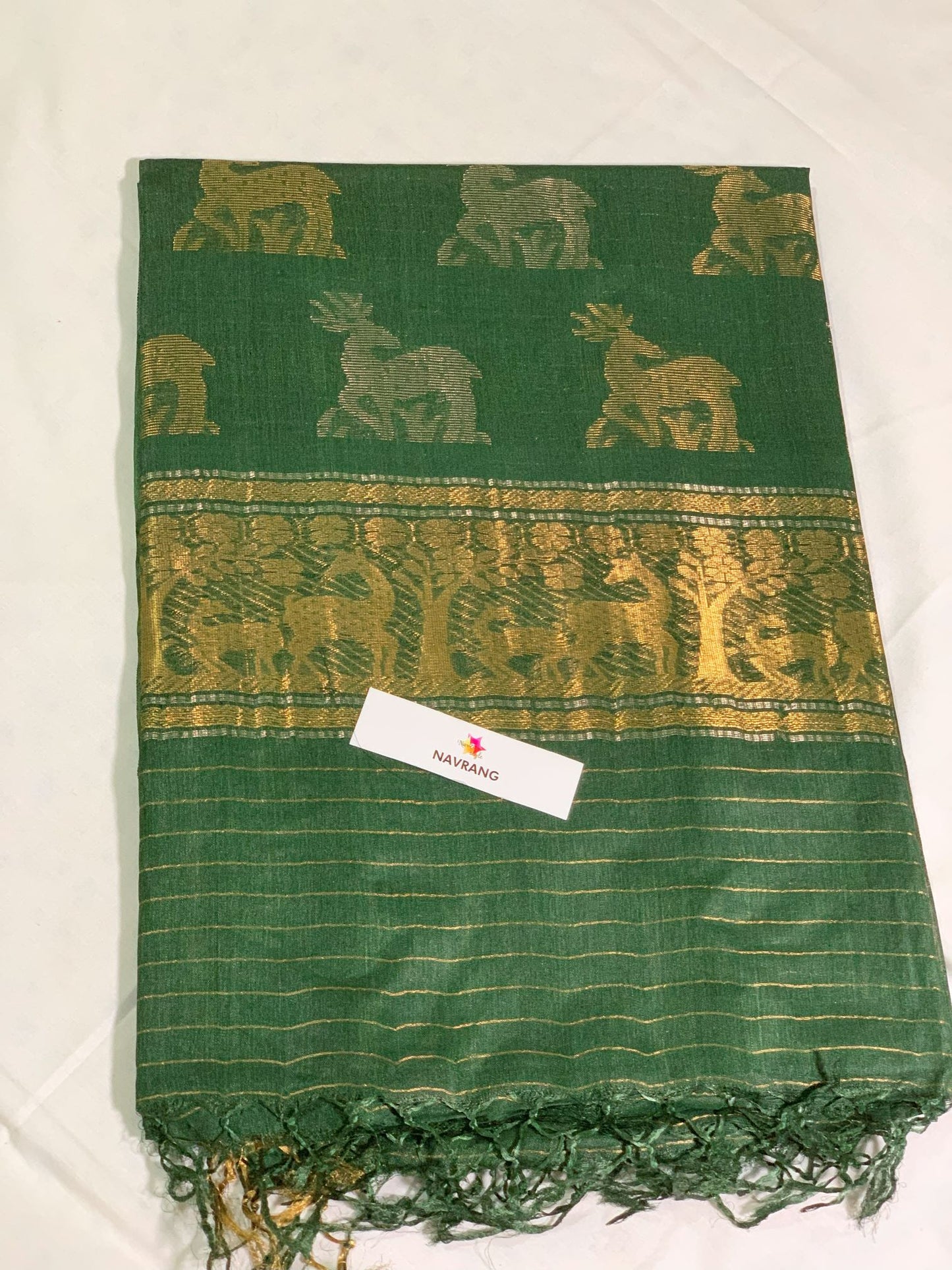 Woven Deer Motifs Green Tussar Saree