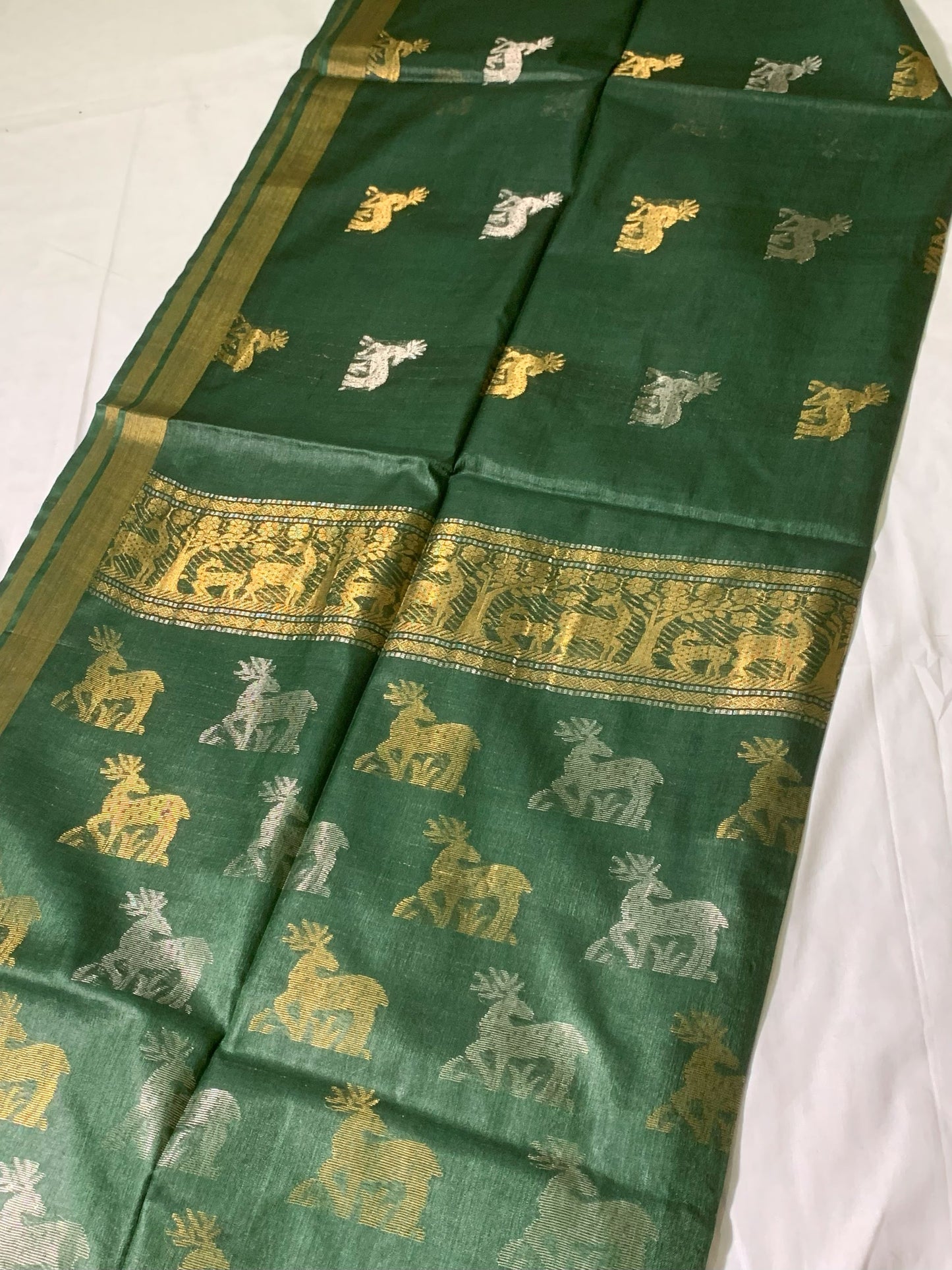 Woven Deer Motifs Green Tussar Saree