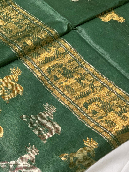 Woven Deer Motifs Green Tussar Saree