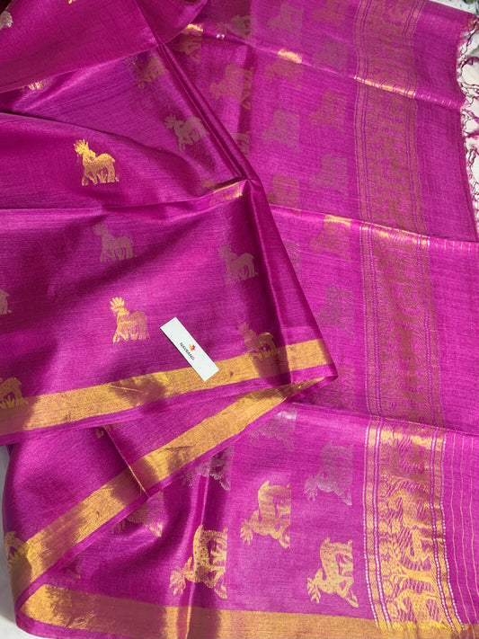 Woven Deer motifs Magenta Tussar Silk Saree