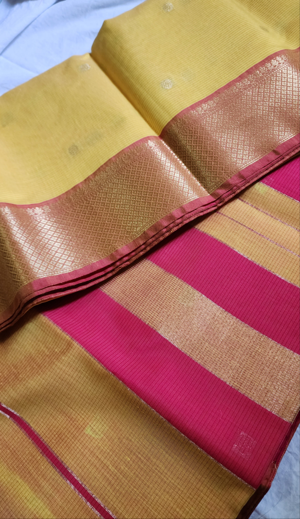 Yellow and Pink Semi Maheshwari Saree