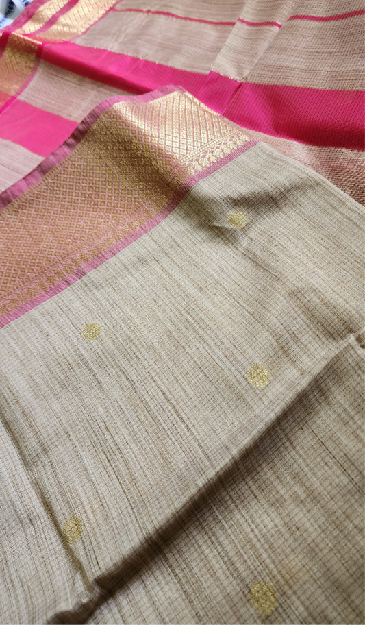 Beige and pink semi Maheshwari saree