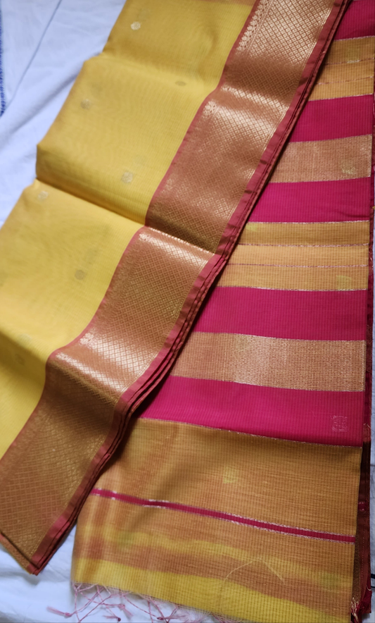 Yellow and Pink Semi Maheshwari Saree