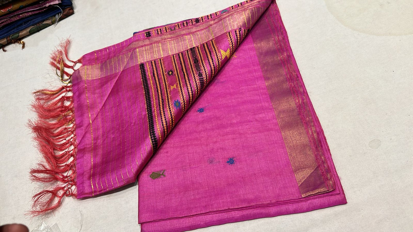 Woven Khapa Fish motif Tussar silk saree hot pink