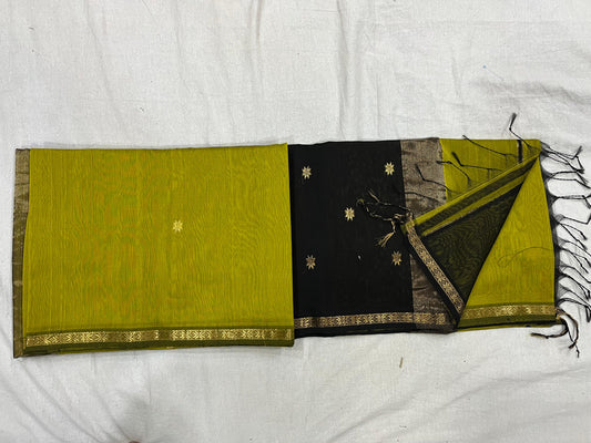 Green and black Maheshwari silk cotton saree with thin zari border