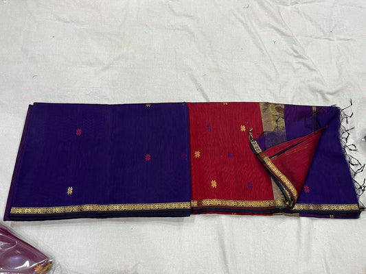 Blue and red Maheshwari silk cotton saree with thin Zari border