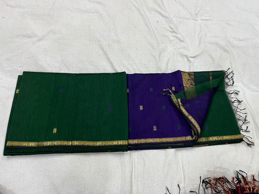 Green and Blue Maheshwari silk saree with thin zari border and colourful motifs