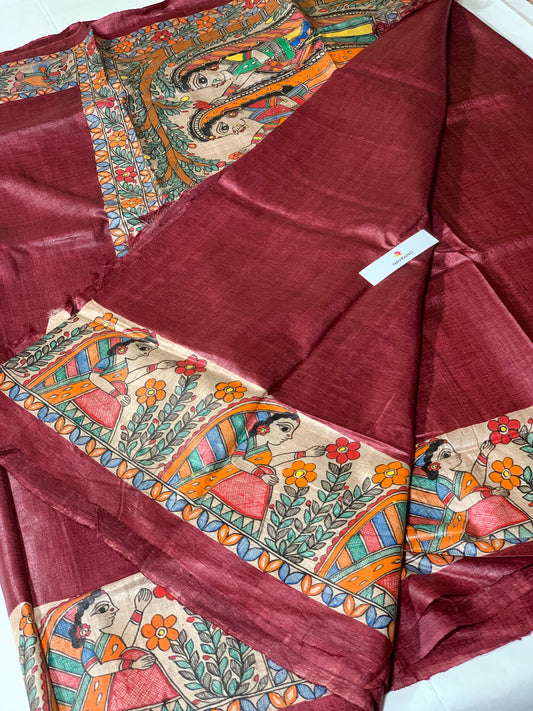 Handpainted Madhubani Tussar Silk Saree Varmala theme