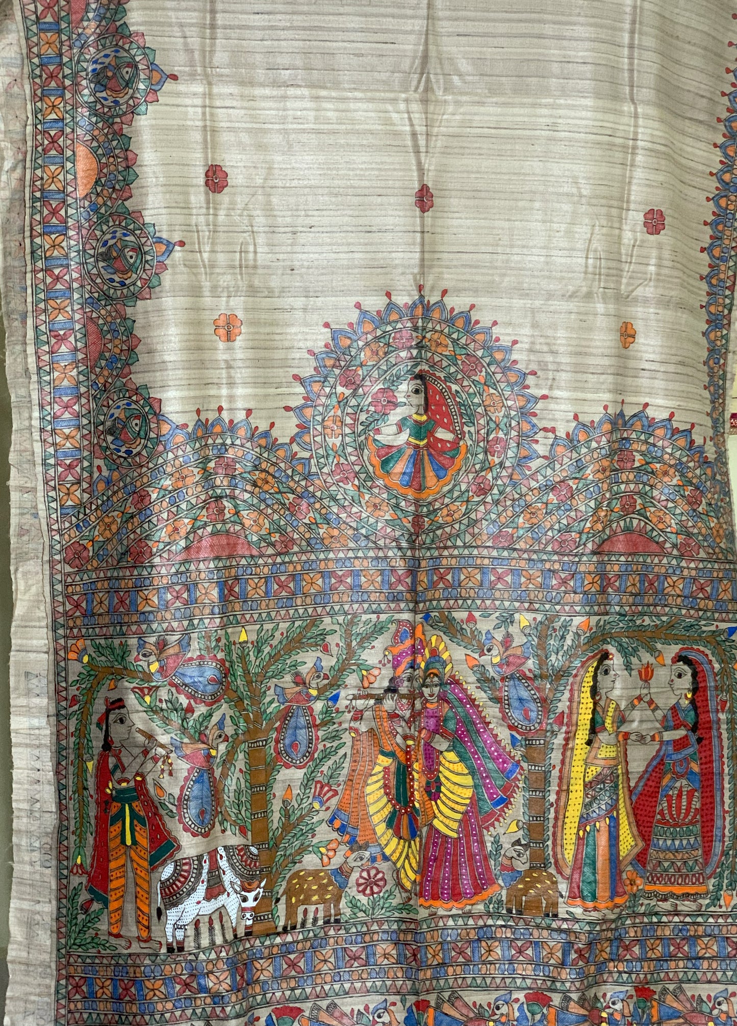 Handpainted Madhubani Tussar Ghicha Silk Saree wit Radha Krishna theme