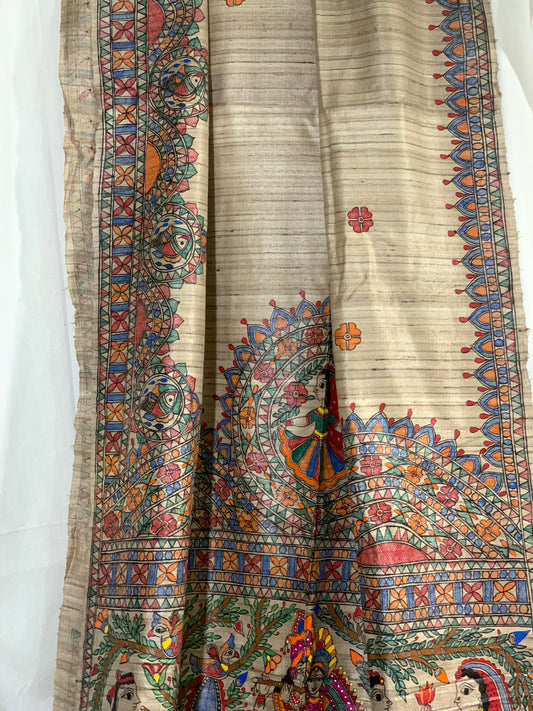 Handpainted Madhubani Tussar Ghicha Silk Saree wit Radha Krishna theme