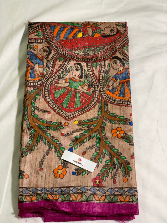 Hot Pink Handpainted Madhubani Tussar Ghicha Silk saree