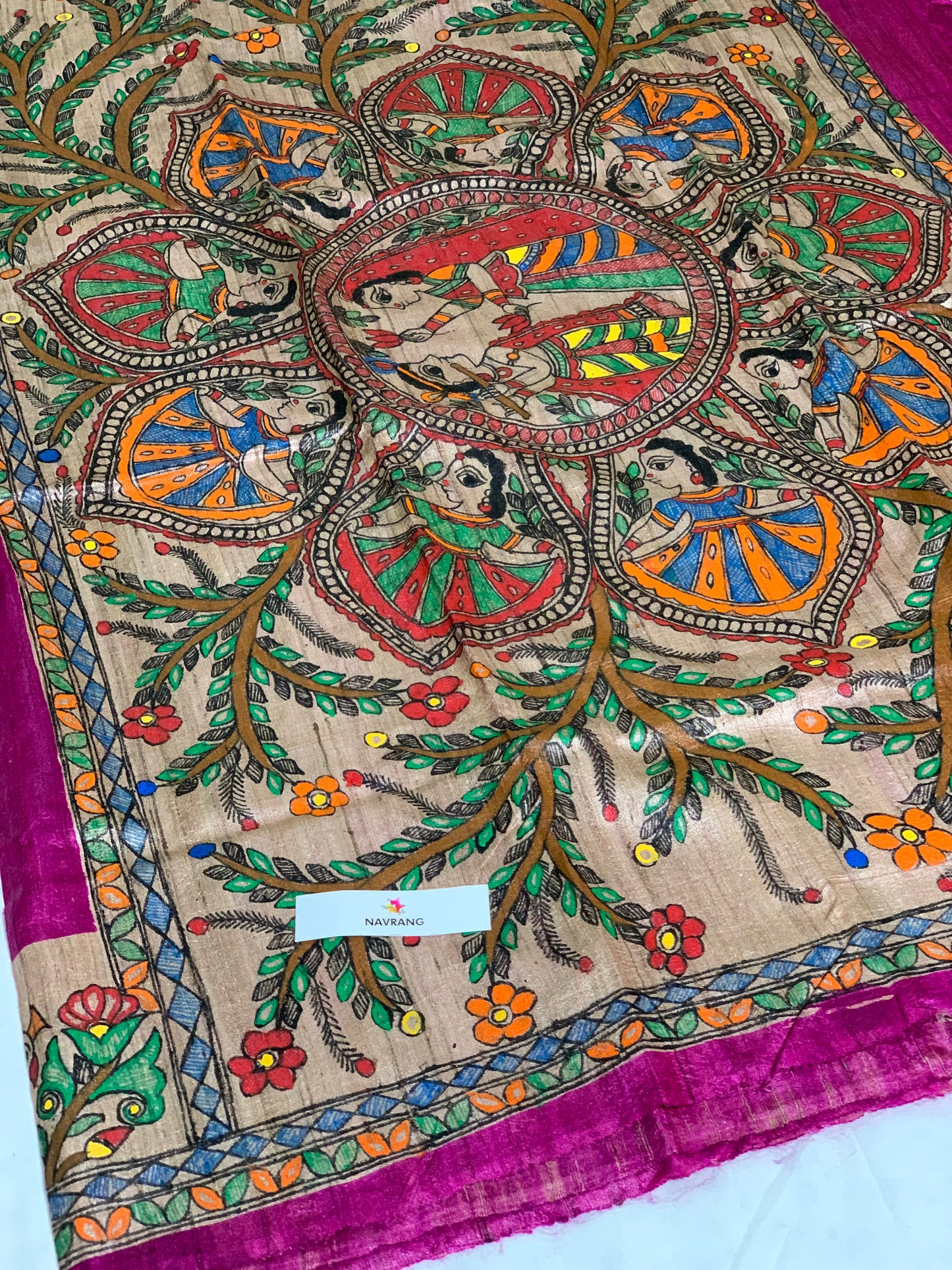Hot Pink Handpainted Madhubani Tussar Ghicha Silk saree