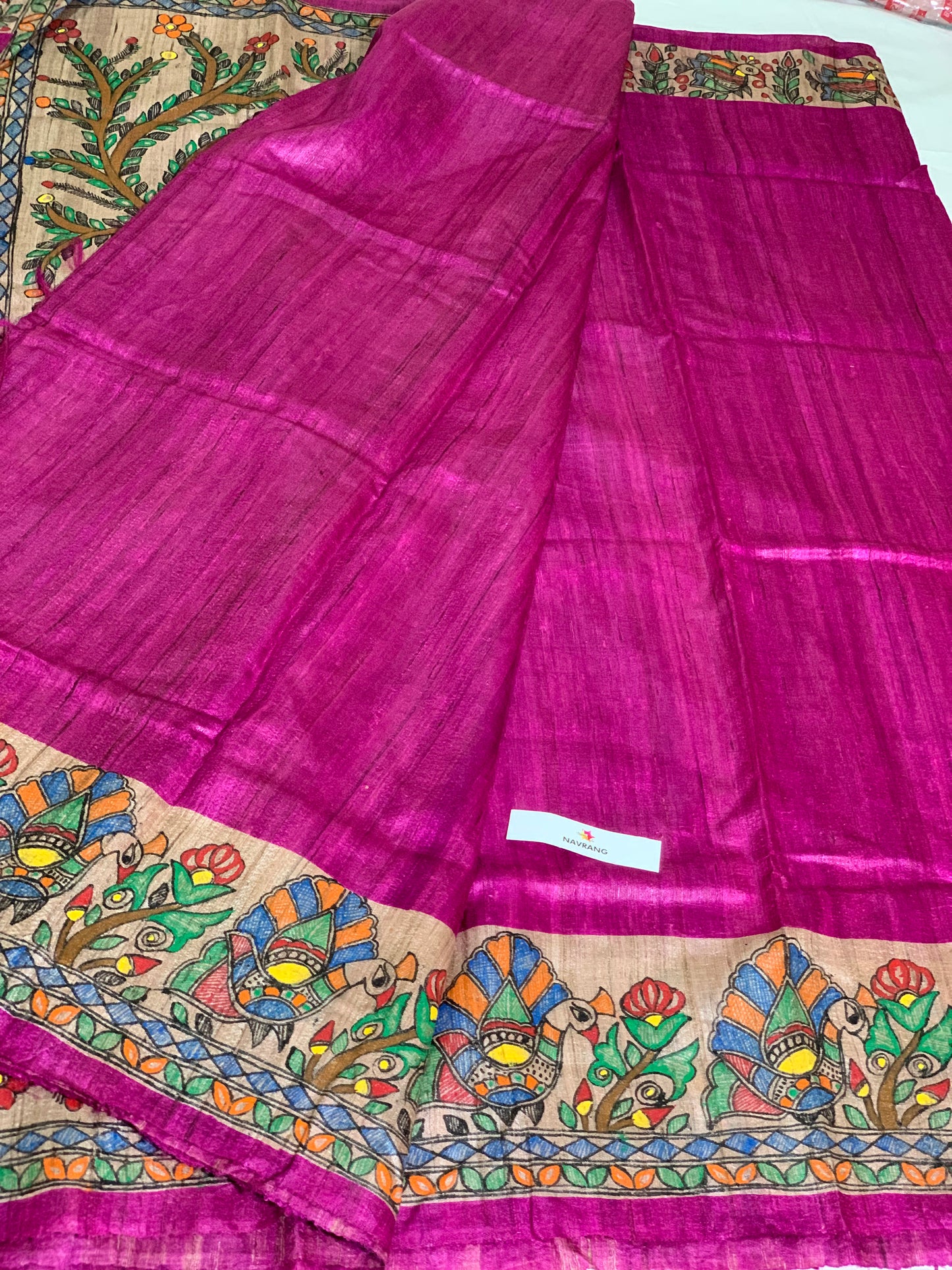 Hot Pink Handpainted Madhubani Tussar Ghicha Silk saree