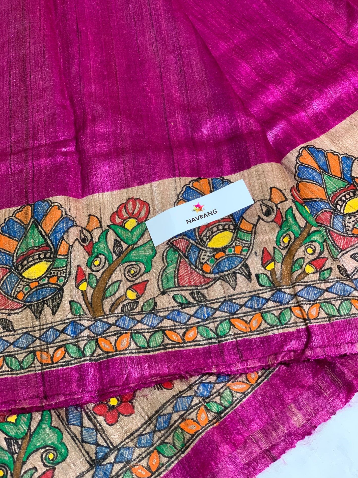 Hot Pink Handpainted Madhubani Tussar Ghicha Silk saree