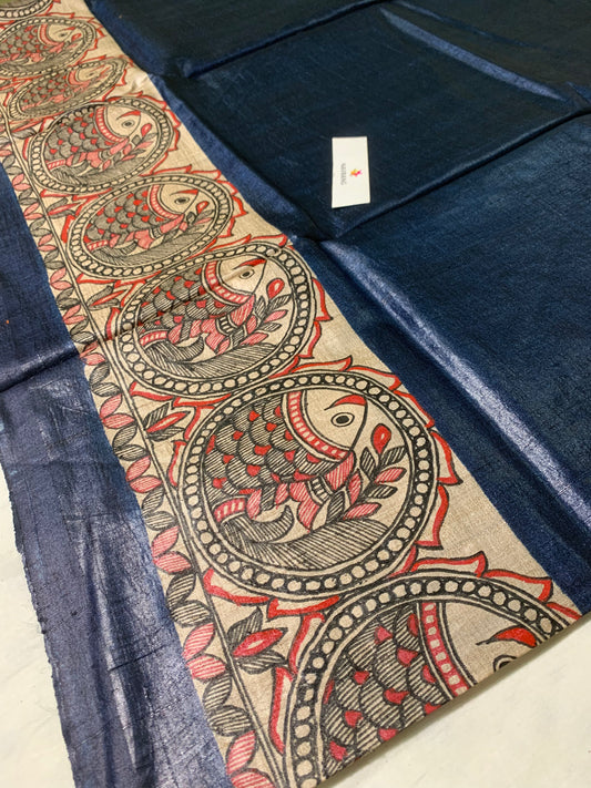 Handpainted Madhubani Tussar silk Saree with Fish border