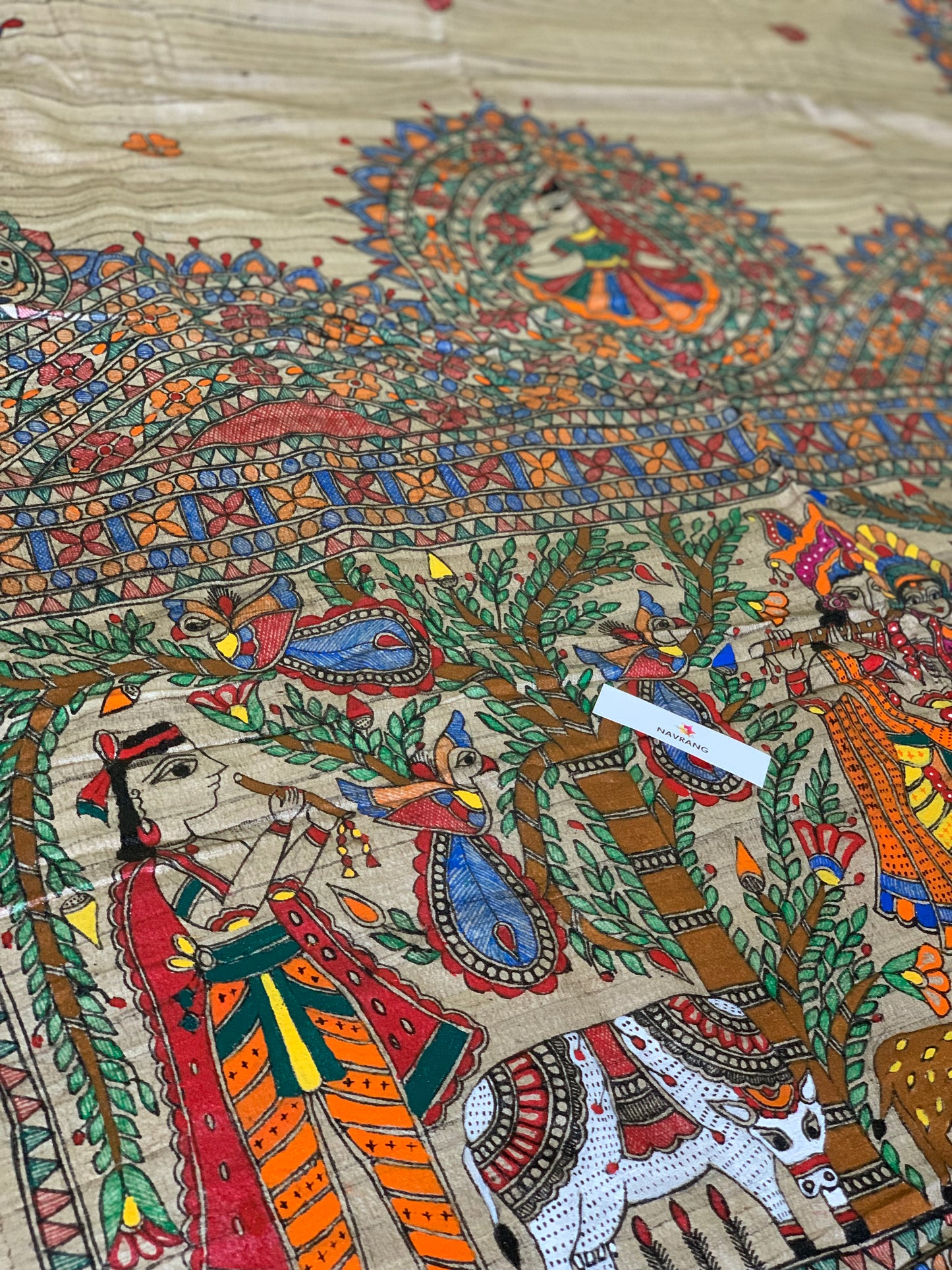 Handpainted Madhubani Tussar Ghicha Silk Saree wit Radha Krishna theme