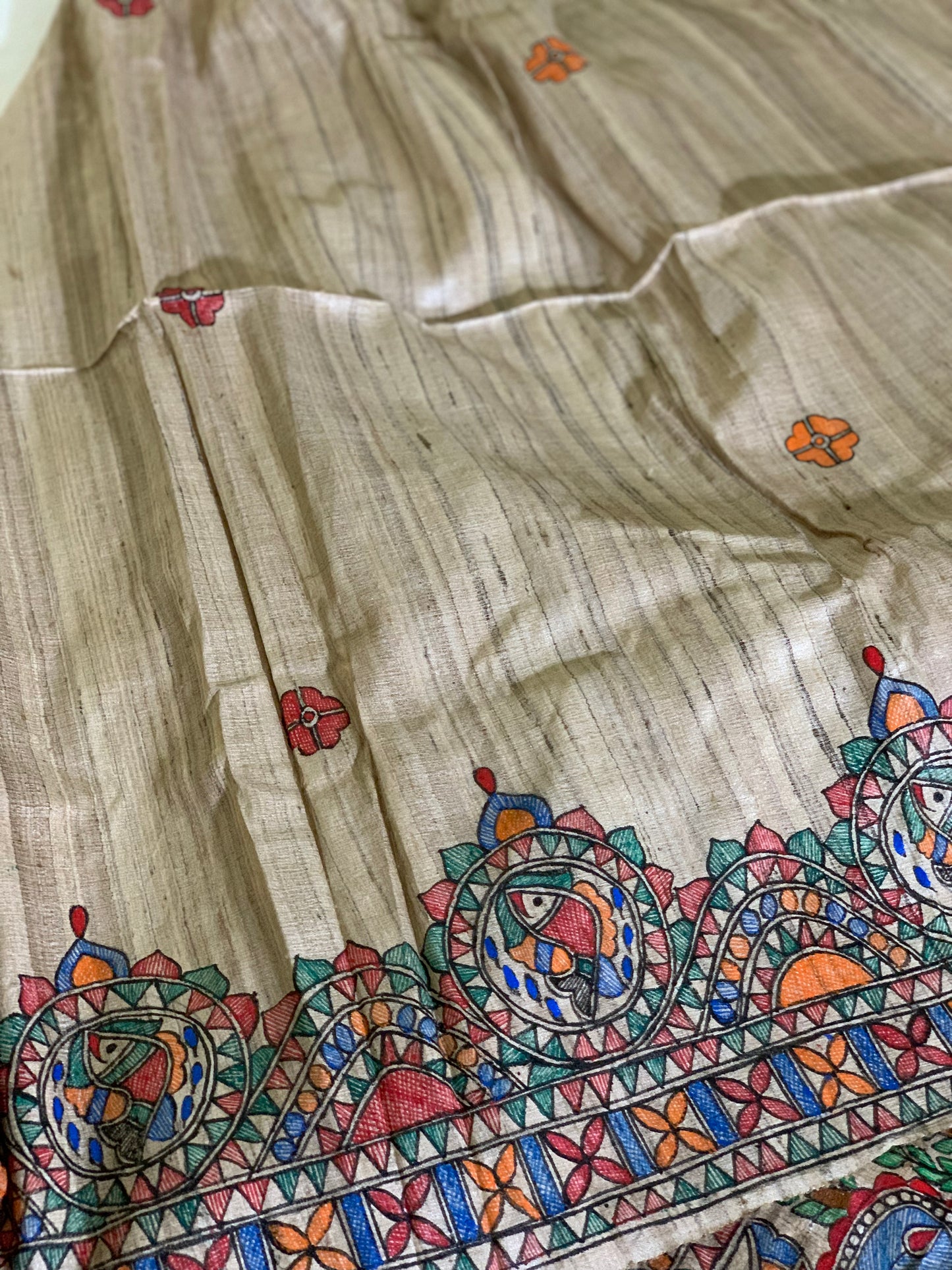 Handpainted Madhubani Tussar Ghicha Silk Saree wit Radha Krishna theme