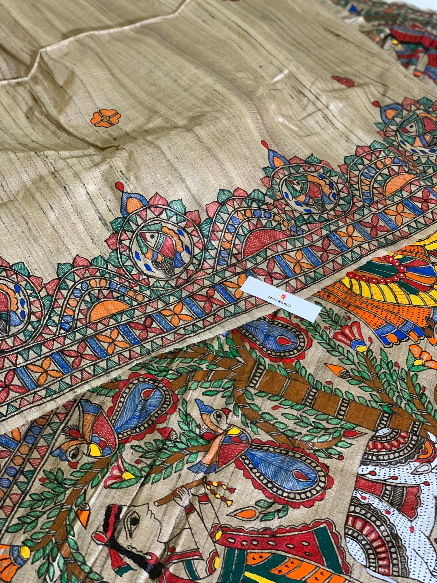 Handpainted Madhubani Tussar Ghicha Silk Saree wit Radha Krishna theme