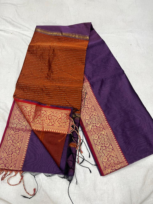 Purple  Maheshwari Silk cotton Saree with Floral Border