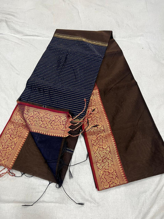 Dark brown Maheshwari Silk cotton Saree with Floral Border