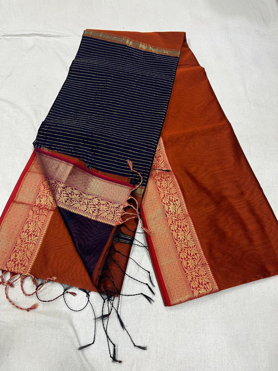 Rusty orange Maheshwari Silk Cotton Saree