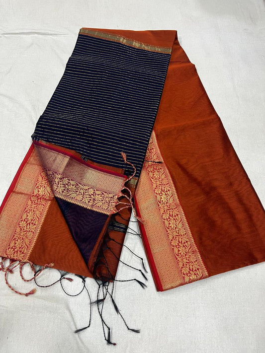 Rusty orange Maheshwari Silk Cotton Saree