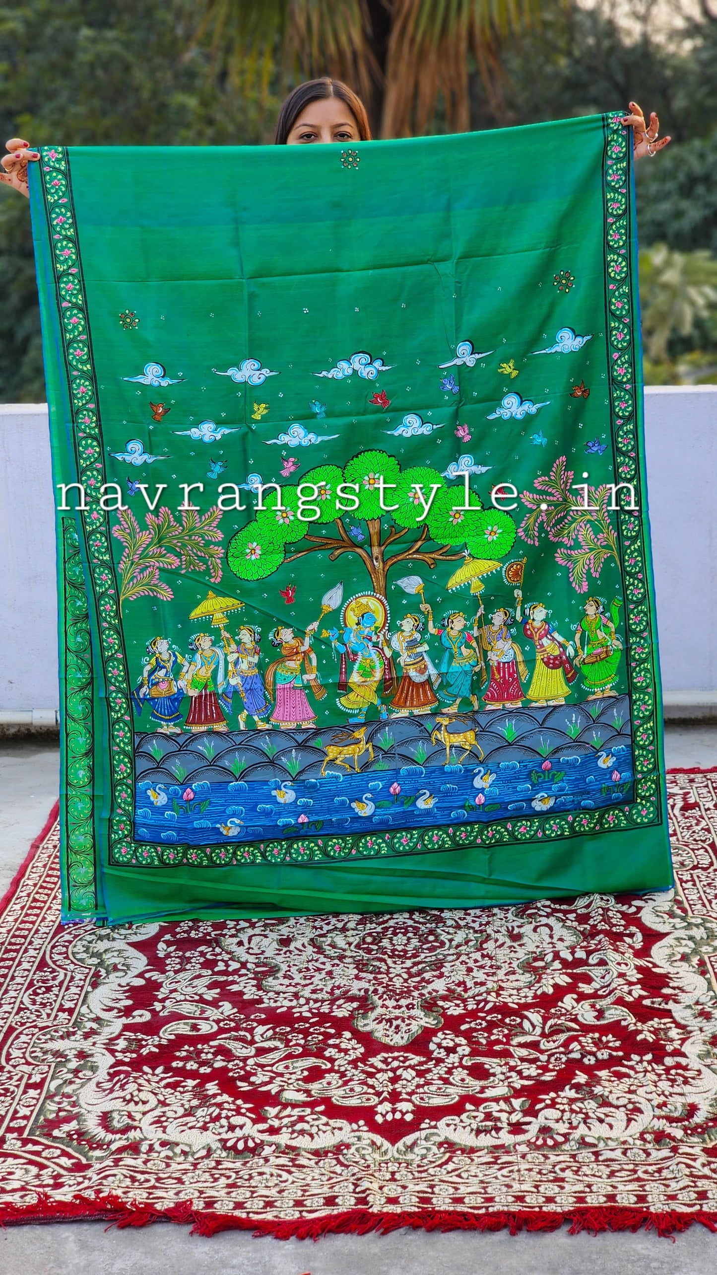 Raasleela  Pattachitra Silk Saree-Green