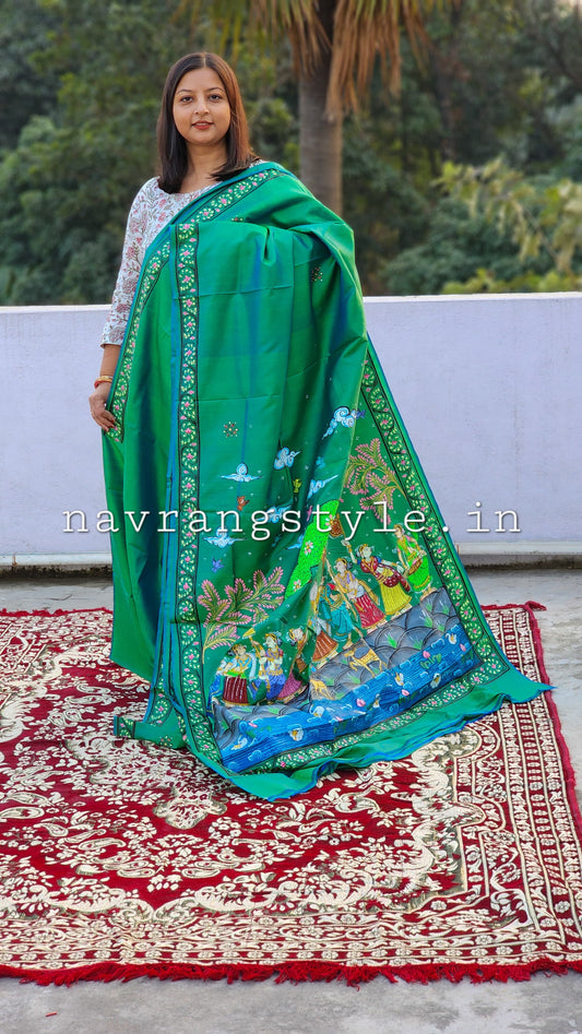 Raasleela  Pattachitra Silk Saree-Green