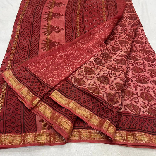 Vanaspati Ajrakh on Maheshwari silk cotton Red