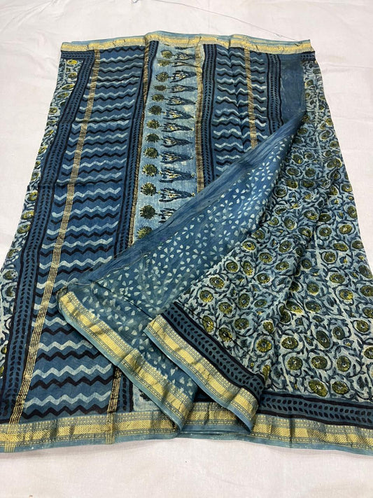 Vanaspati Ajrakh Maheshwari Silk Cotton Saree Indigo