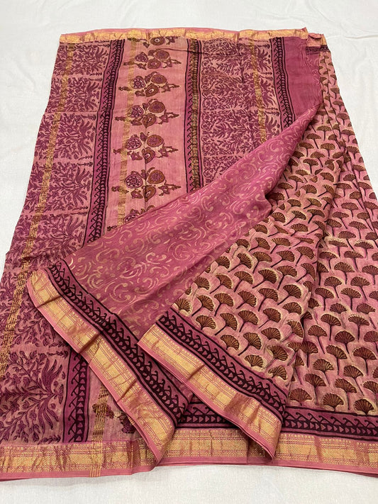 Vanaspati Ajrakh Maheshwari silk cotton Saree Red Pink