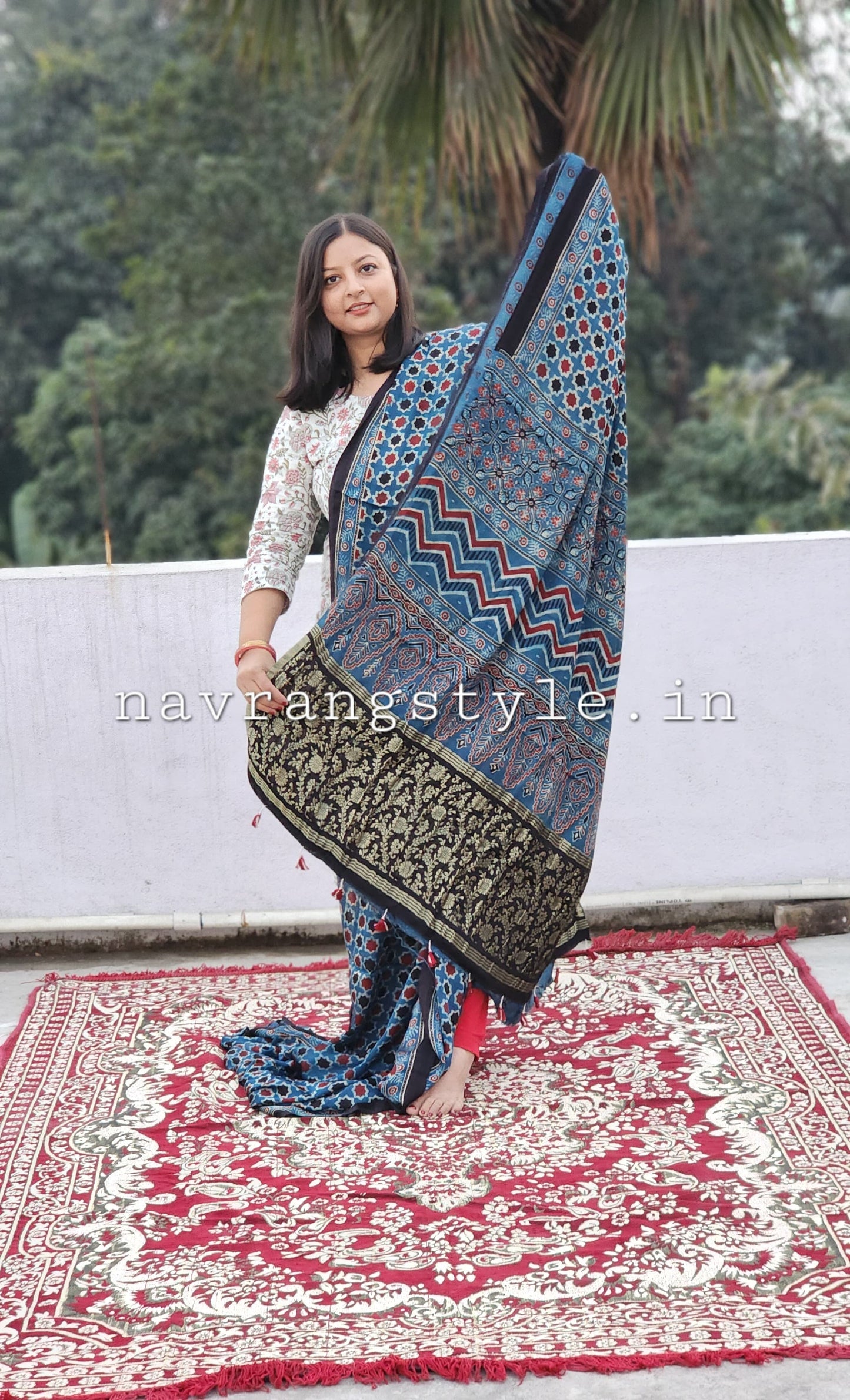 Rani - Handcrafted Ajrakh Modal Silk Saree
