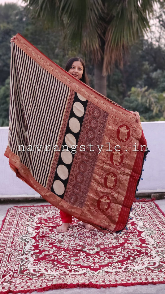 Kriti -Handcrafted Ajrakh Dola Silk Saree