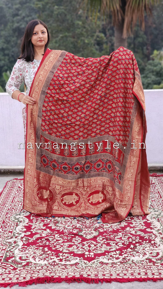 Bhavya- Handcrafted Ajrakh Dola Silk Saree