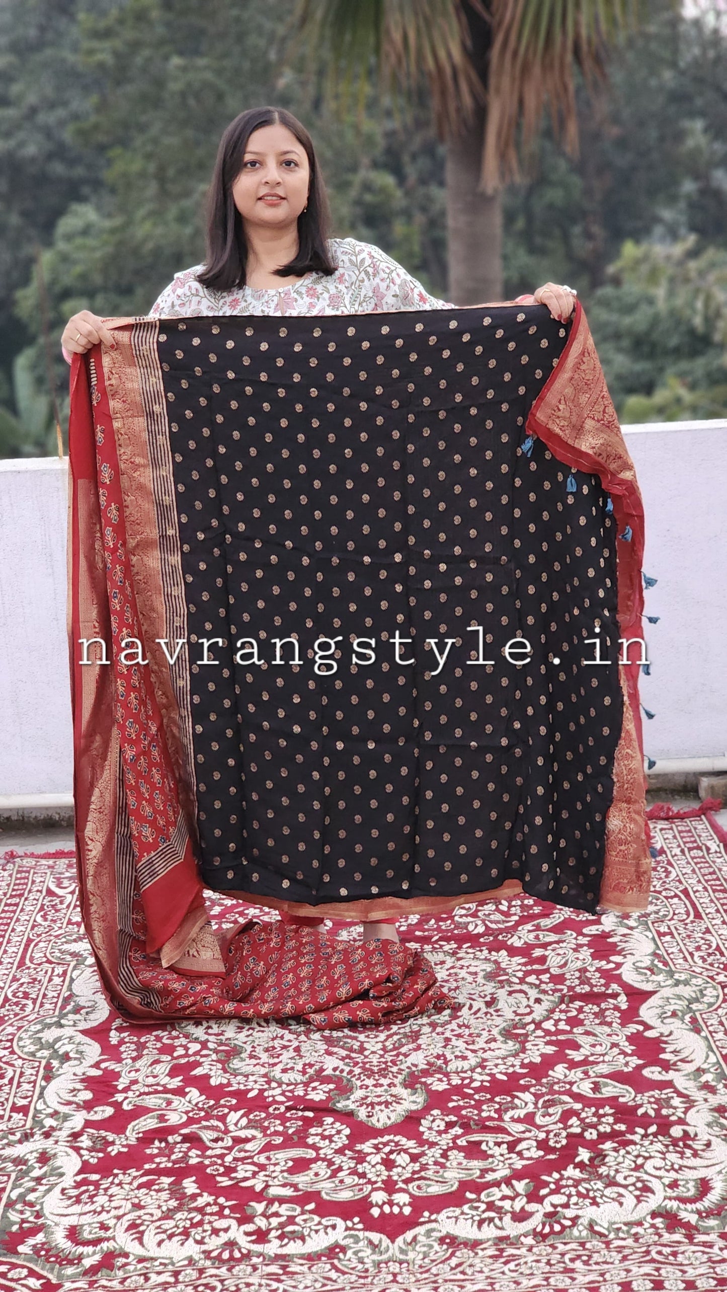 Bhavya- Handcrafted Ajrakh Dola Silk Saree