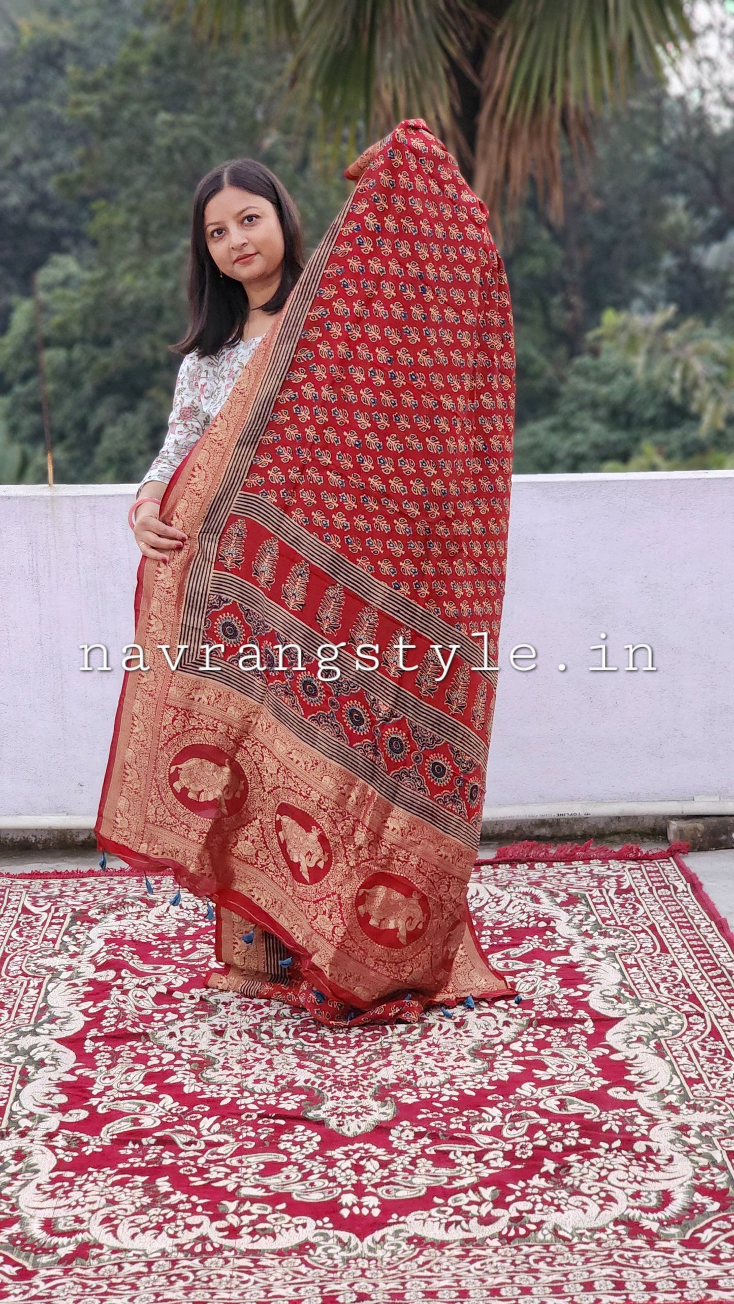 Bhavya- Handcrafted Ajrakh Dola Silk Saree
