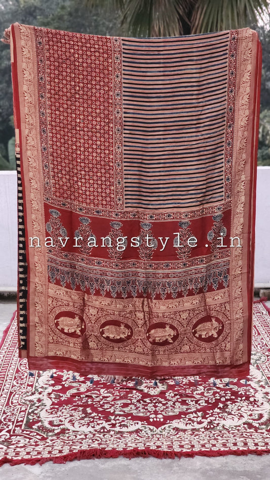 Divya- Handcrafted Ajrakh Dola Silk Saree