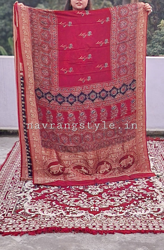Kusum- Handcrafted Ajrakh Dola Silk Saree