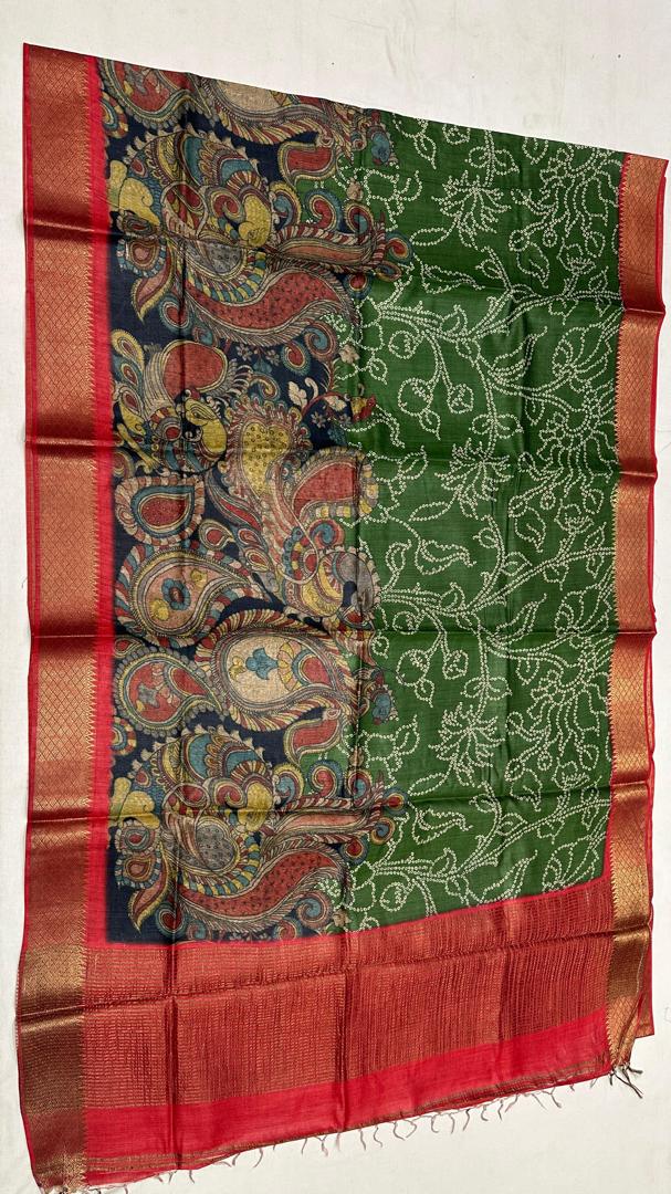 green Printed Tussar Silk Saree