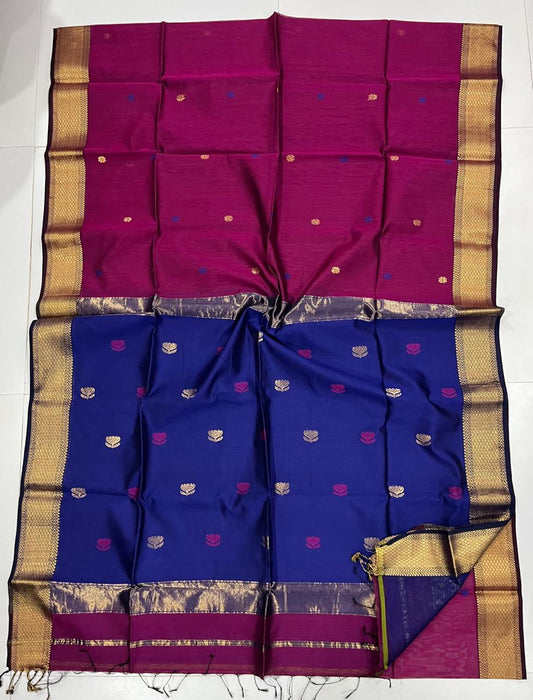 Magenta and Blue Maheshwari Silkcotton Saree