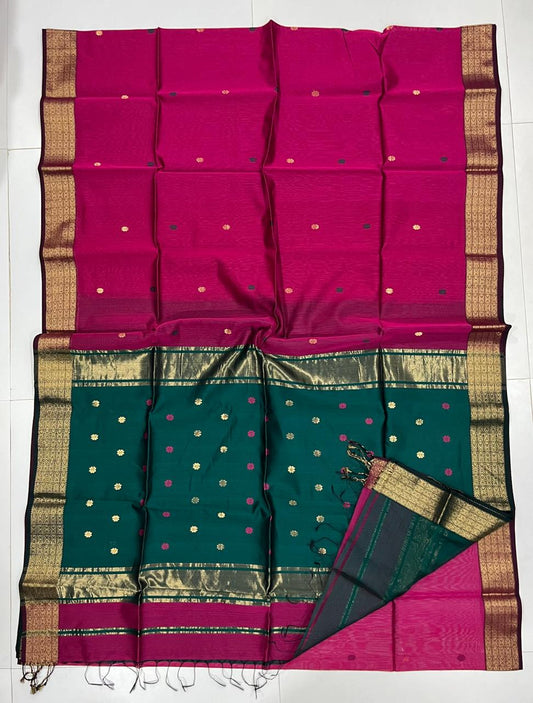 Dark pink and Green Maheshwari saree