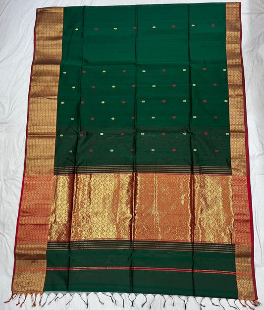 Green Maheshwari Silk Cotton Saree with Zari Pallu and grand Border