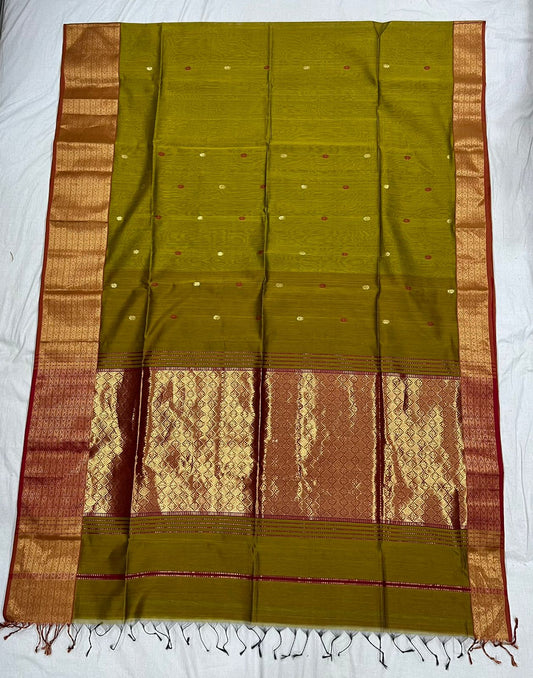 Olive Green Maheshwari Saree with zari Pallu and grand border